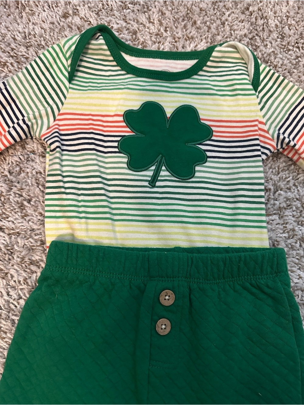 Wonder Nation Green Clover Stripe Long Sleeve Top & Quilted Green Pants Set
